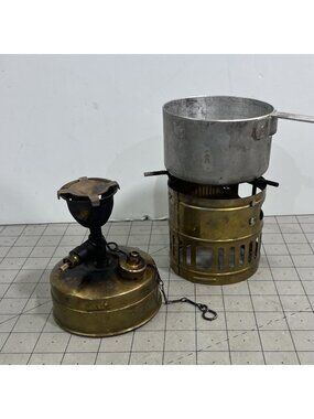 Vintage Brass Svea 123 Camping Stove Windshield & Aluminum Pot Sweden